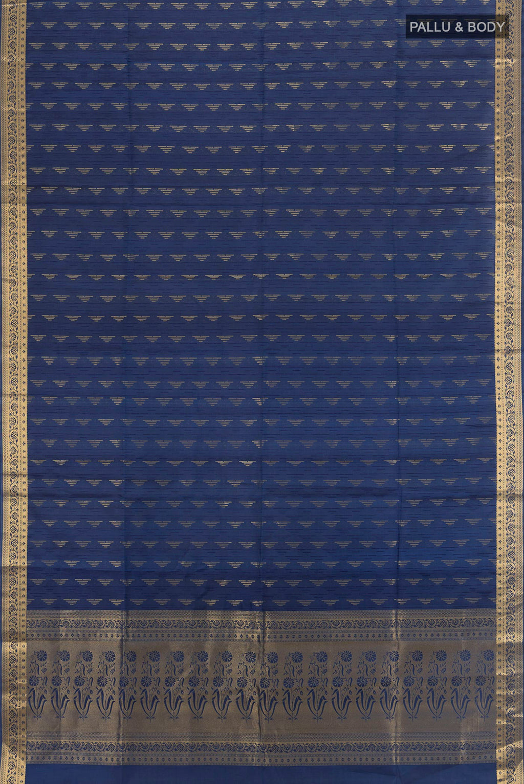 Flat view of Pure Silk Navy Blue Soft Saree with Jacquard With Zari Butta on the body and Zari Border. 