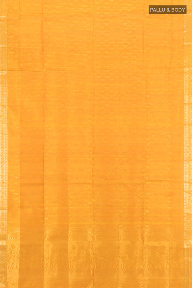 Flat view of Pure Silk Pure Zari Mustard Soft Saree with Zari Butta on the body and Silk Border. 