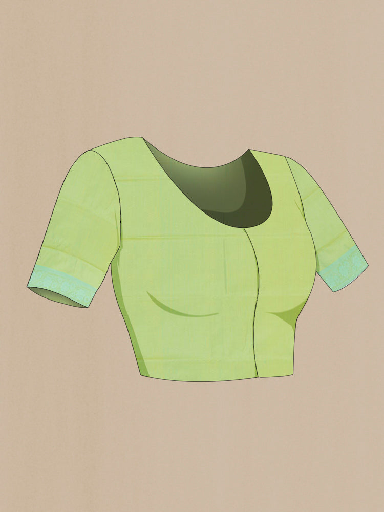 Close up image of the blouse of Light Green Soft Silk Saree with Zari Butta on the body and Silk Border. 