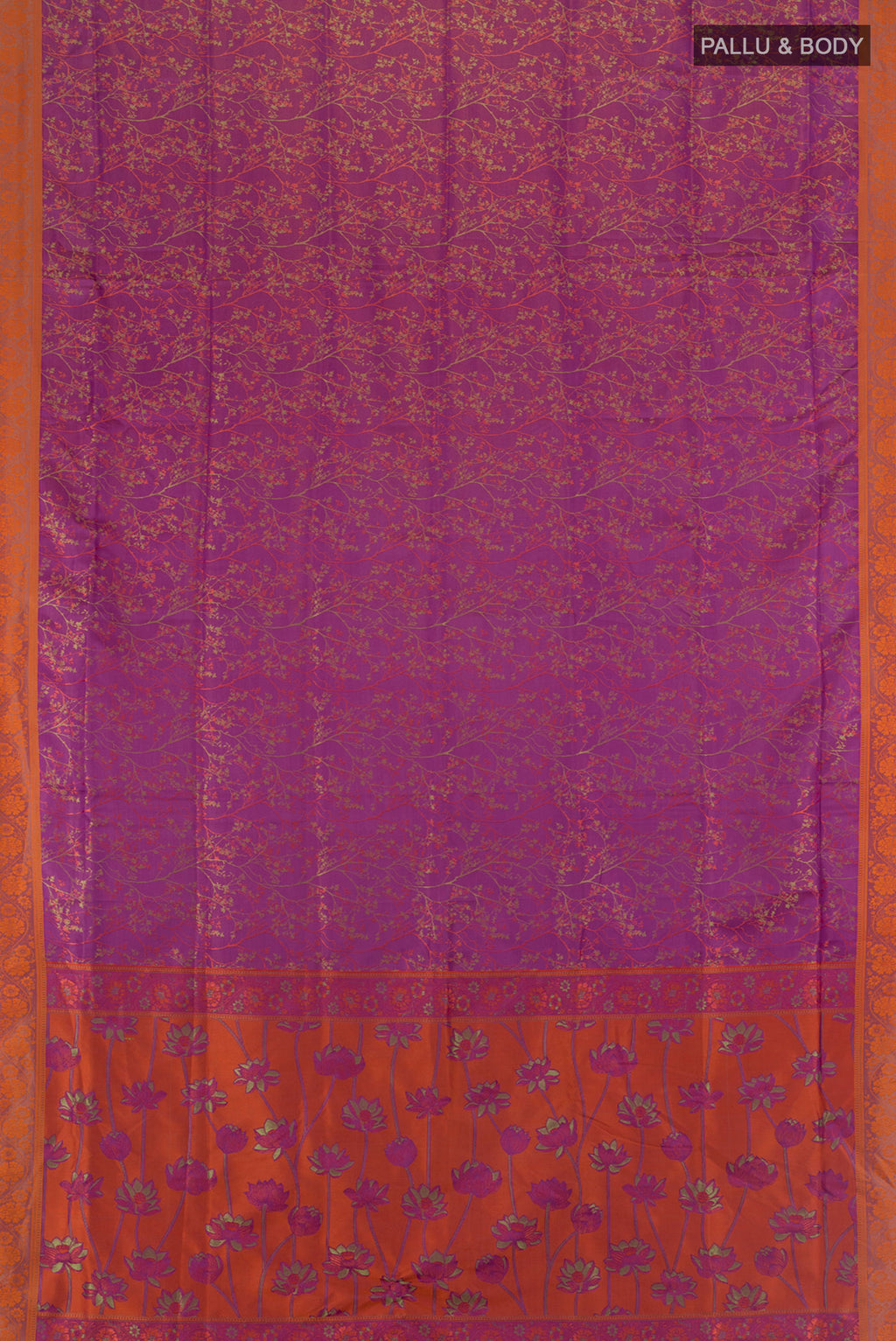 Flat view of Purple Soft Silk Saree with Jacquard design on the body and Thread Border. 