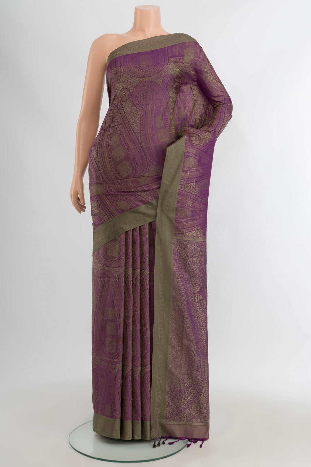 Violet Soft Silk Saree with Jacquard design on the body and Thread Border.  displayed on a mannequin