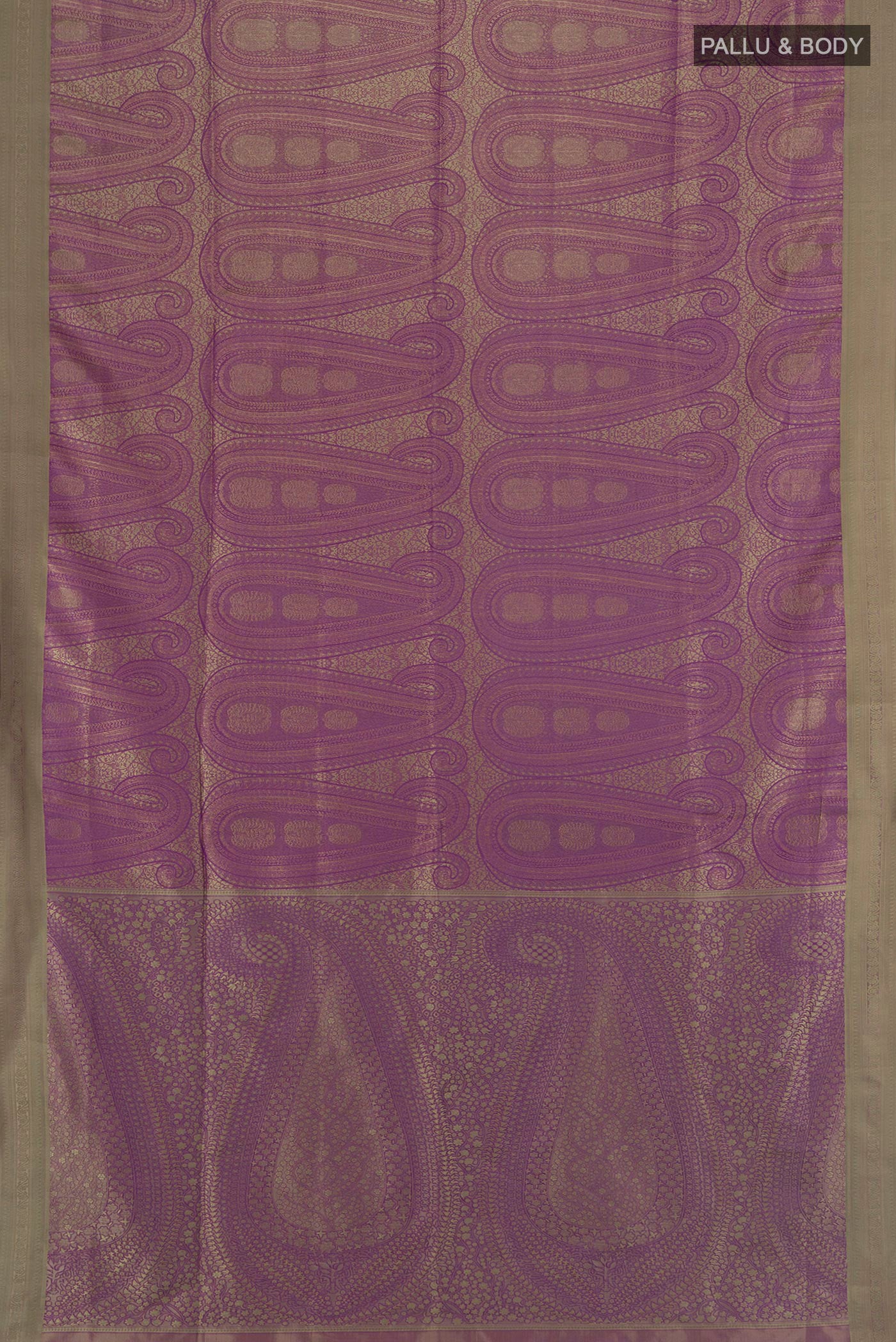 Flat view of Violet Soft Silk Saree with Jacquard design on the body and Thread Border. 