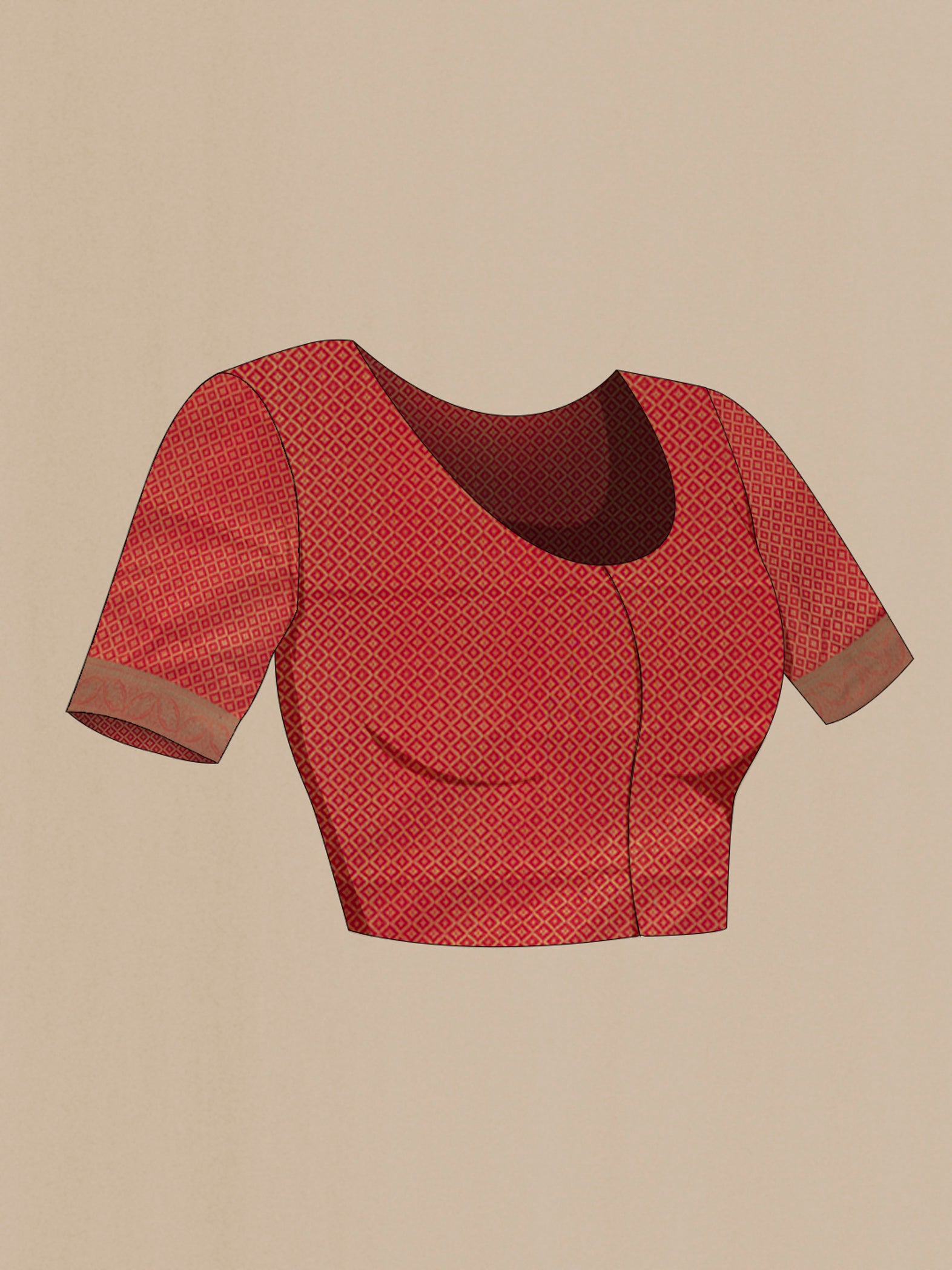 Close up image of the blouse of Deep Red Soft Silk Saree with Jacquard design on the body and Thread Border. 