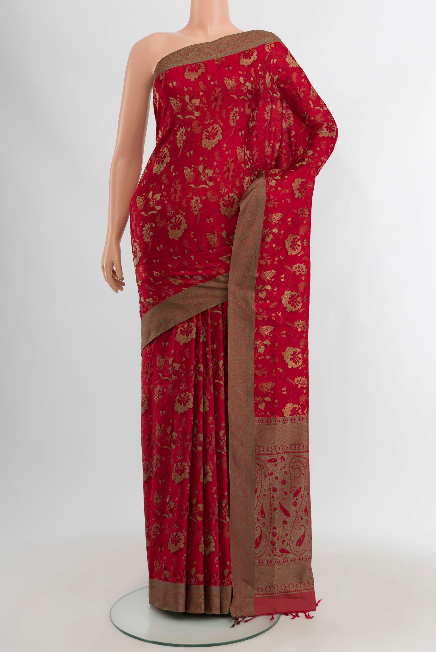 Deep Red Soft Silk Saree with Jacquard design on the body and Thread Border.  displayed on a mannequin