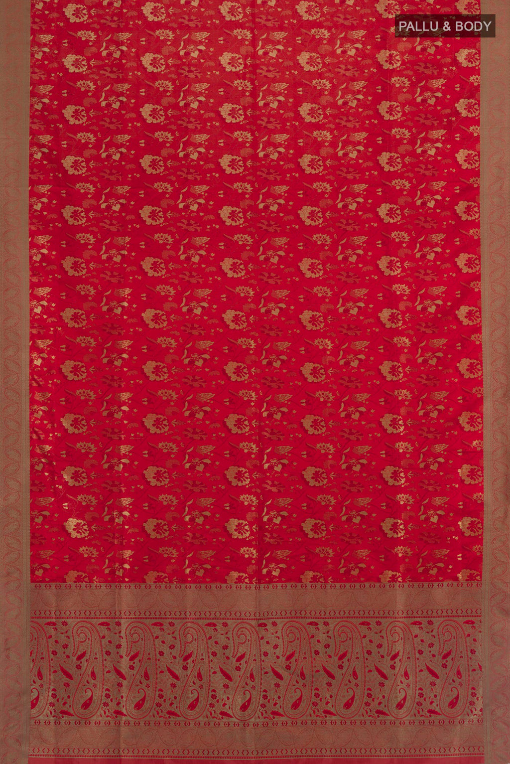 Flat view of Deep Red Soft Silk Saree with Jacquard design on the body and Thread Border. 