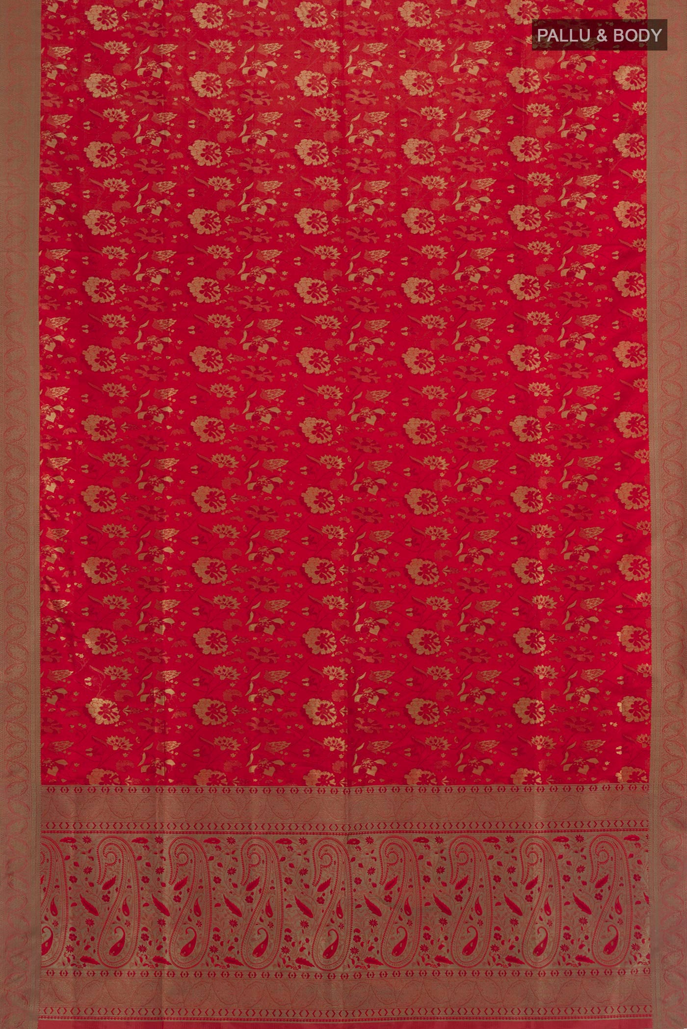 Flat view of Deep Red Soft Silk Saree with Jacquard design on the body and Thread Border. 