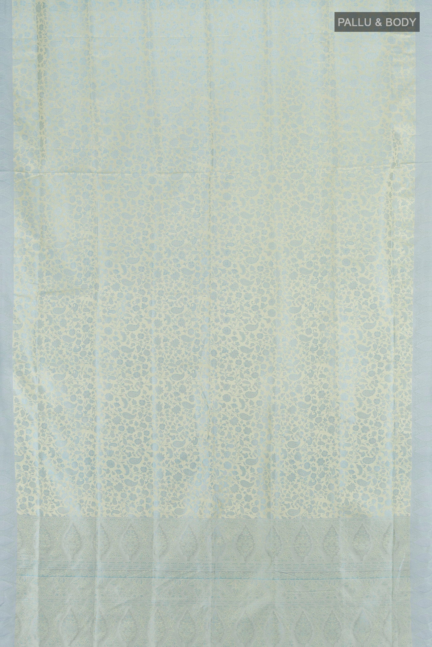 Flat view of Light Blue Soft Silk Saree with Jacquard design on the body and Thread Border. 