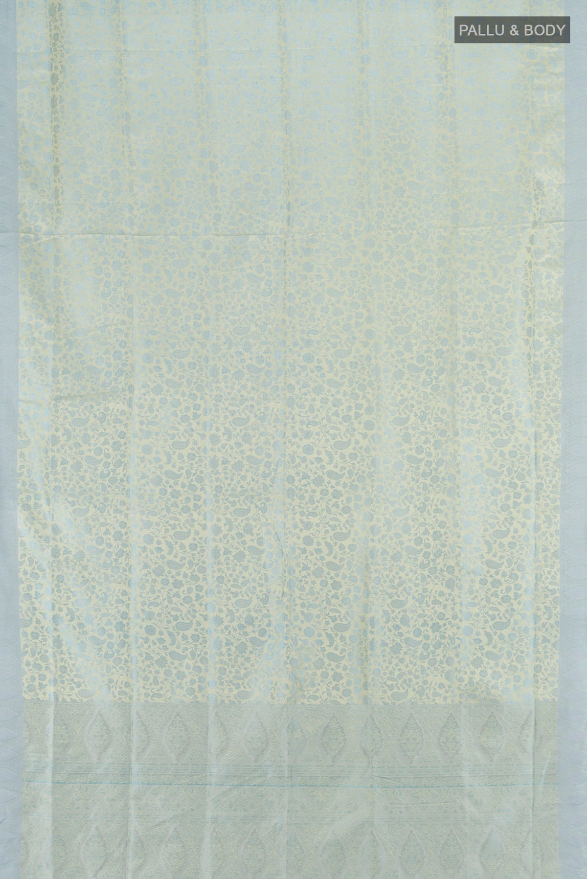 Flat view of Light Blue Soft Silk Saree with Jacquard design on the body and Thread Border. 