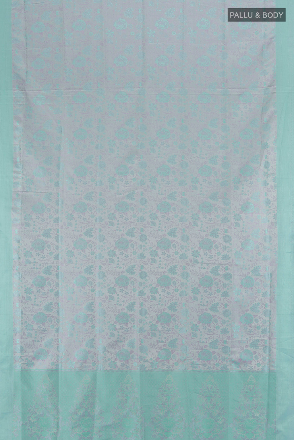 Flat view of Grey Soft Silk Saree with Jacquard design on the body and Thread Border. 