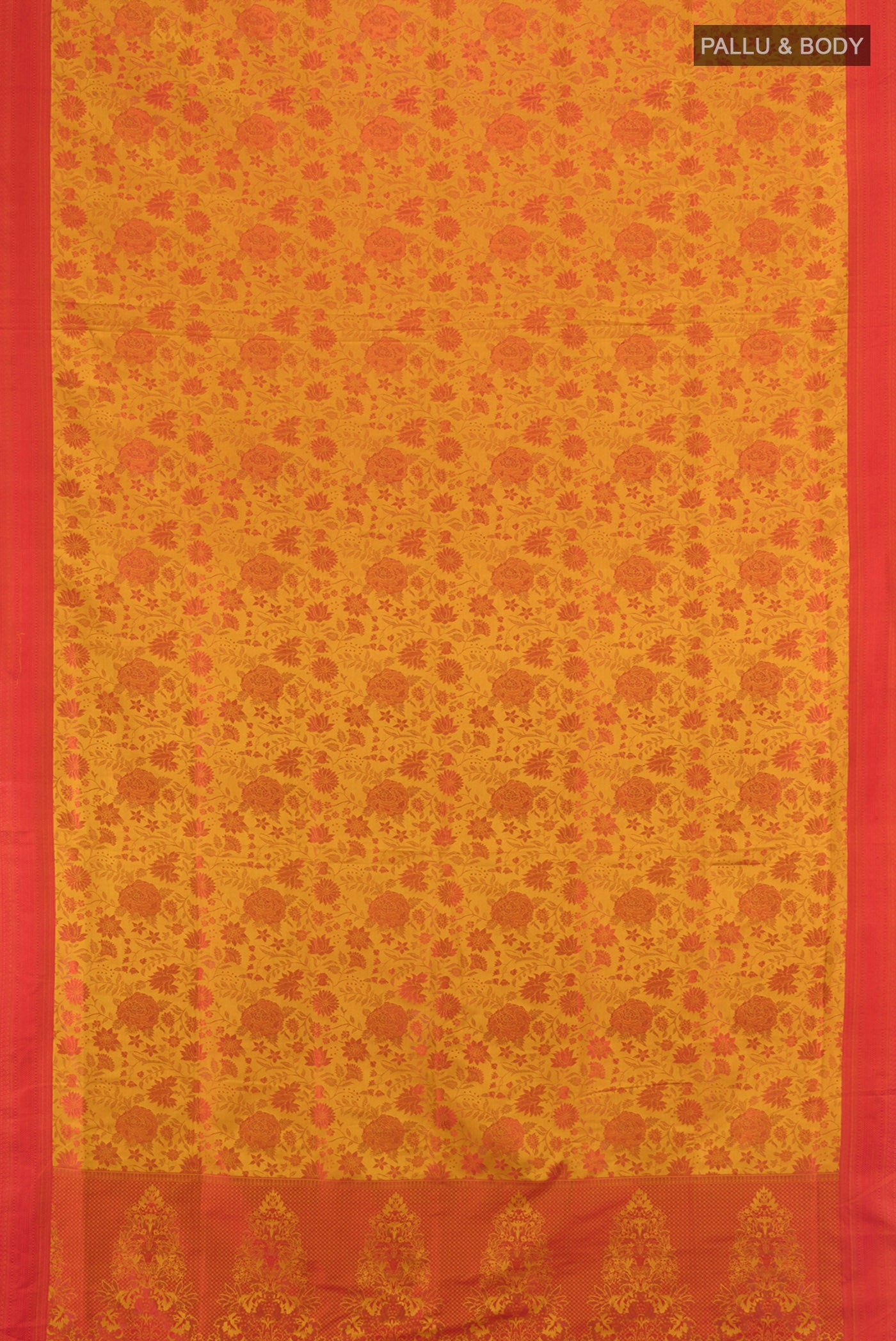 Flat view of Mustard Soft Silk Saree with Jacquard design on the body and Thread Border. 