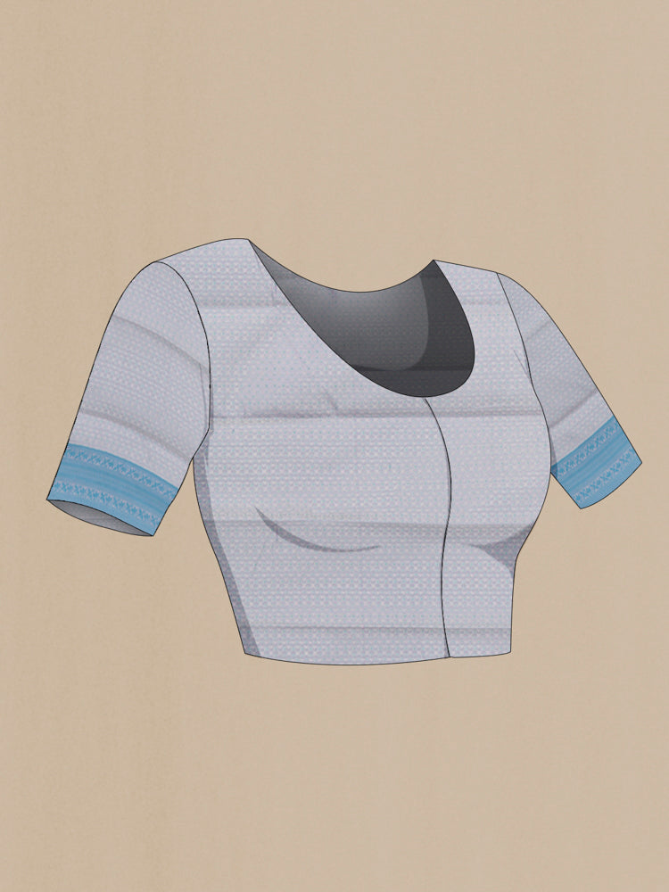 Close up image of the blouse of Grey Soft Silk Saree with Jacquard With Thread Butta on the body and Silk Border. 