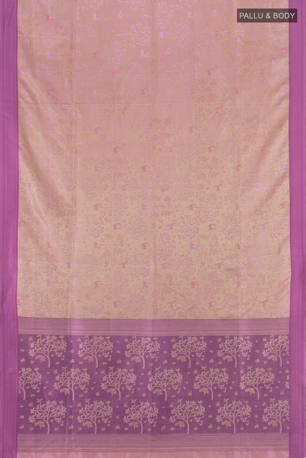 Flat view of Lavender Soft Silk Saree with Jacquard design on the body and Thread Border. 