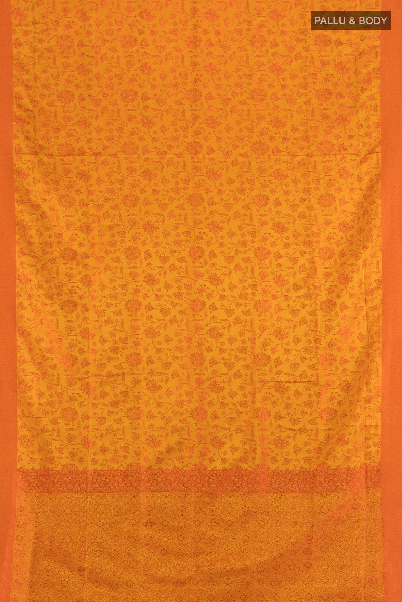 Flat view of Mustard Soft Silk Saree with Thread Butta on the body and Silk Border. 