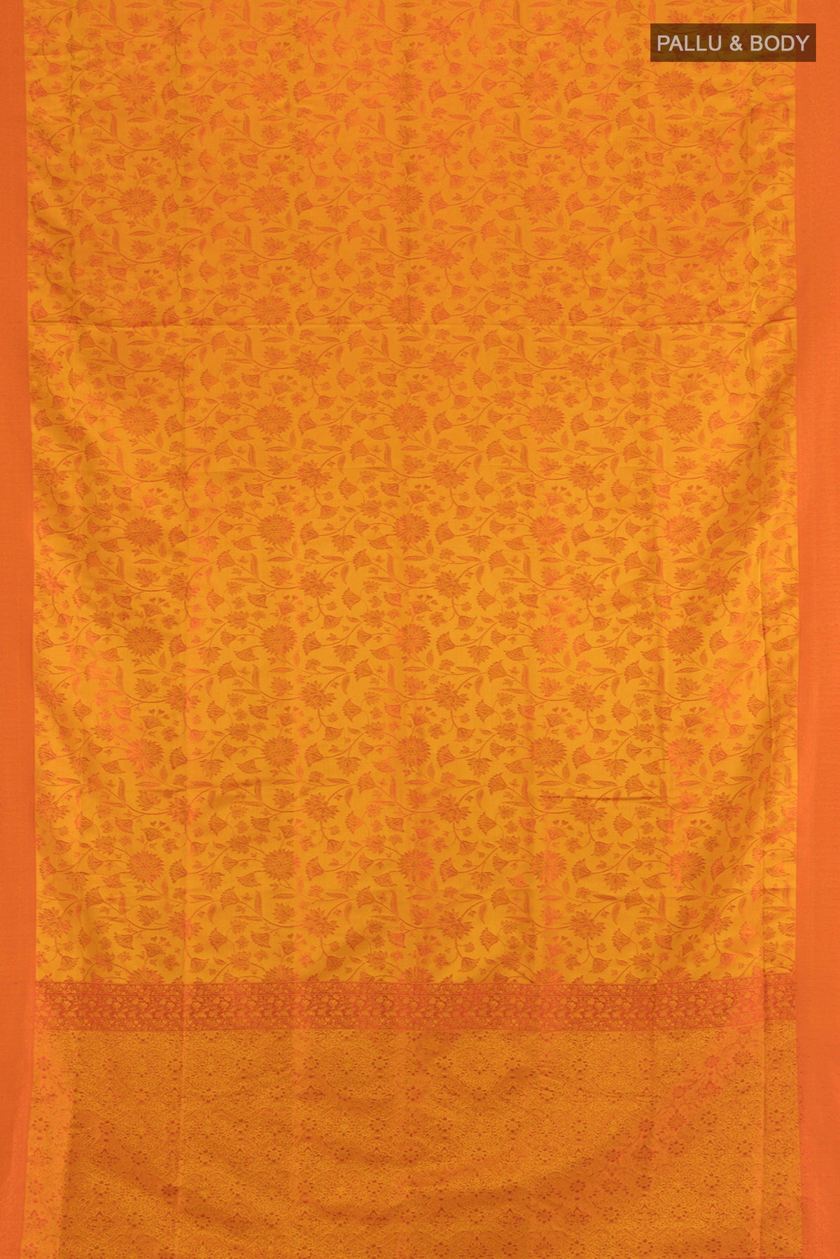Flat view of Mustard Soft Silk Saree with Thread Butta on the body and Silk Border. 