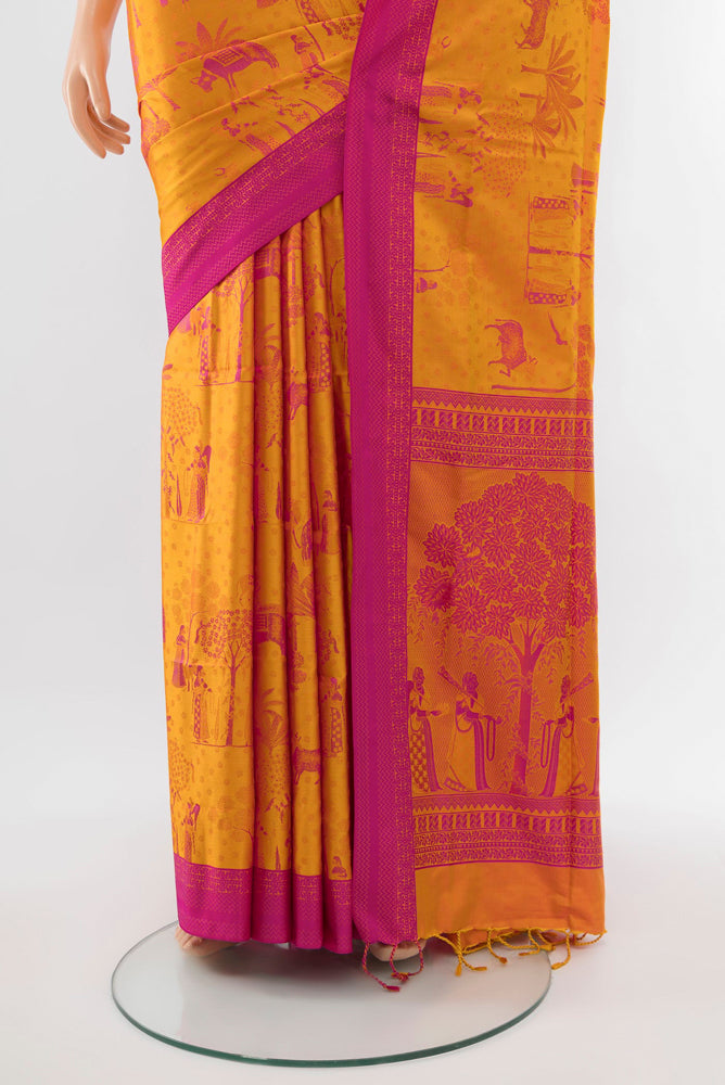 Pleats and pallu of Multi Color Soft Silk Saree with Jacquard With Thread Butta on the body and Silk Border. 