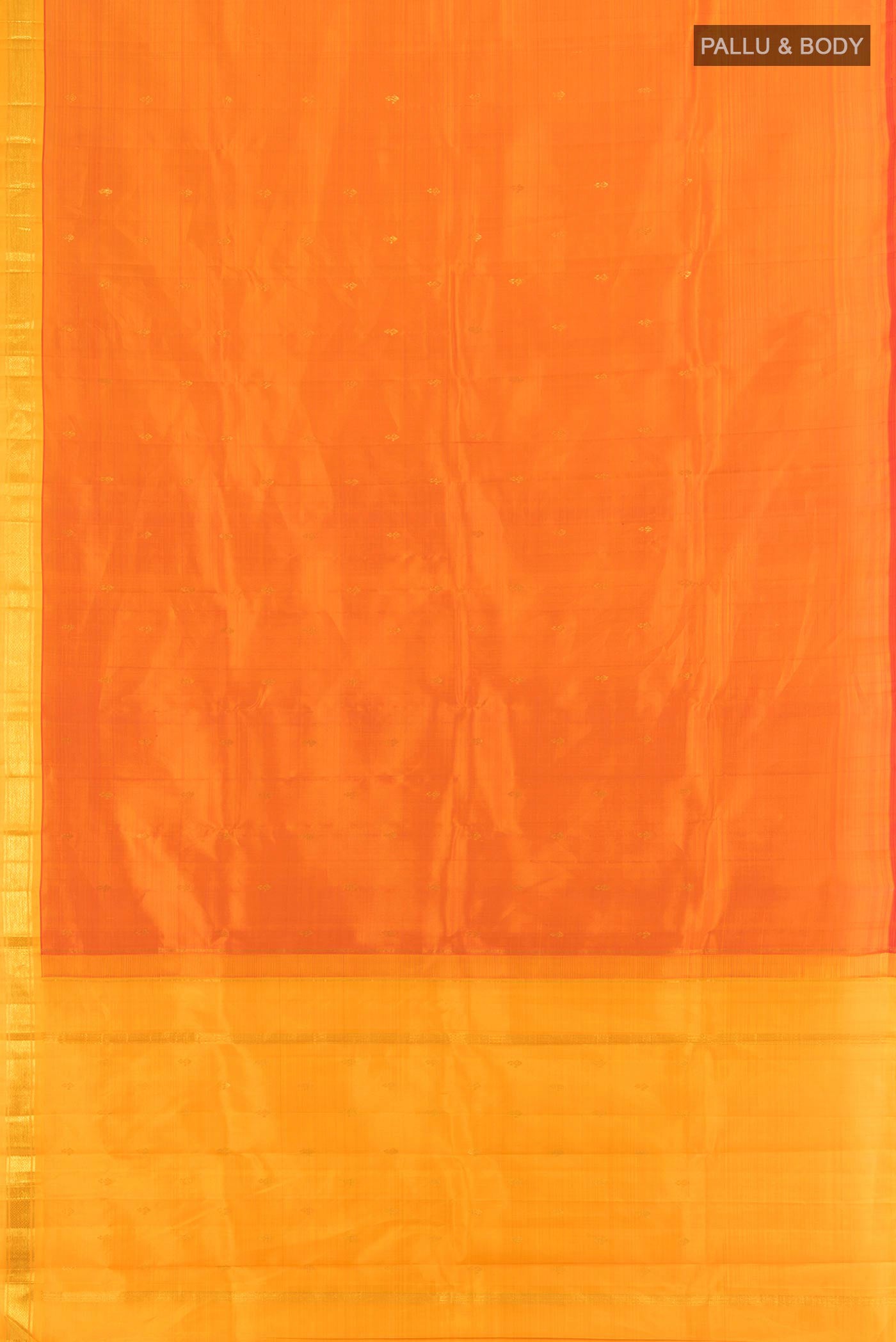 Flat view of Orange Kanjivaram Silk Saree with Zari Butta on the body and One Side Border. 