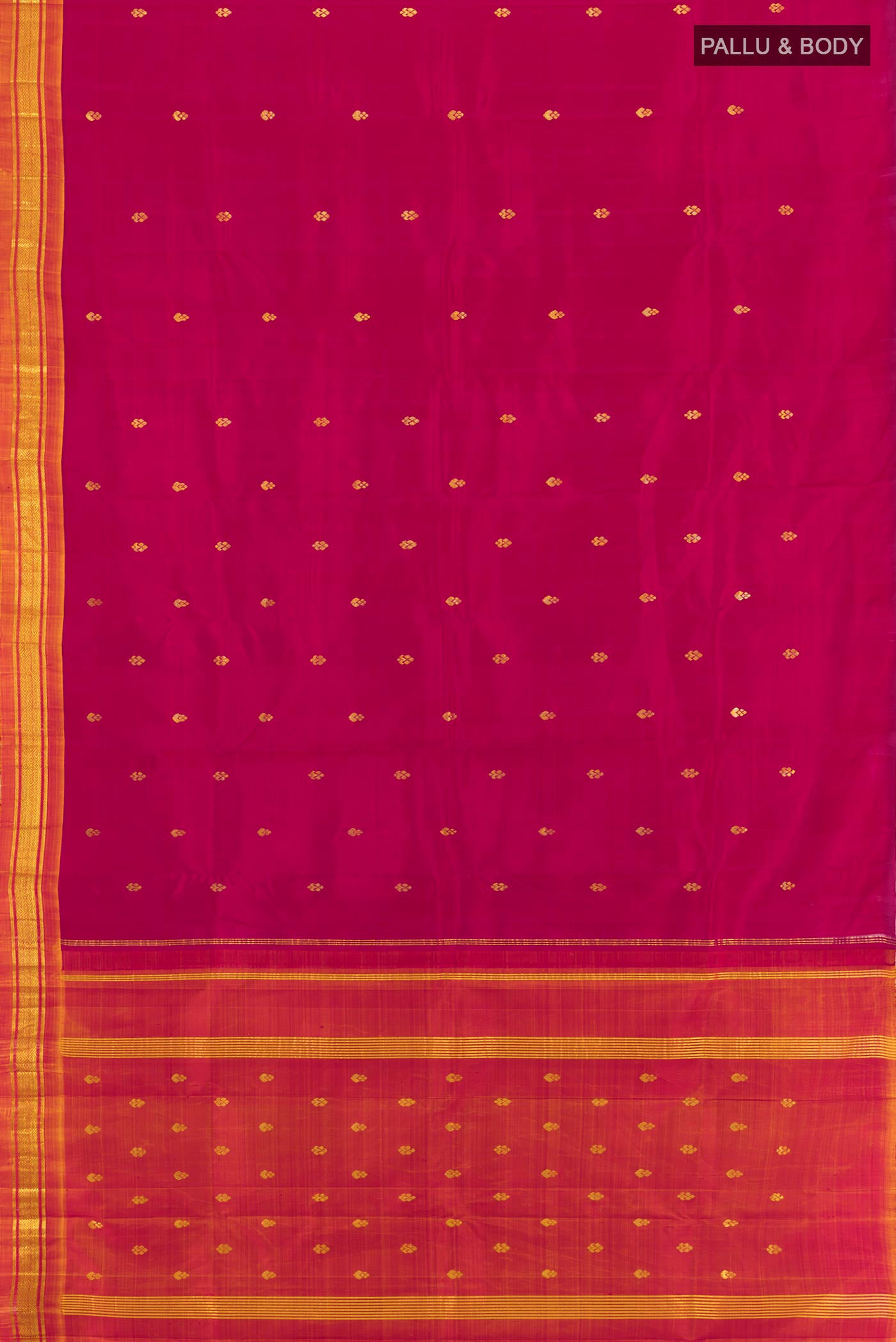 Flat view of Dark Pink Kanjivaram Silk Saree with Zari Butta on the body and One Side Border. 