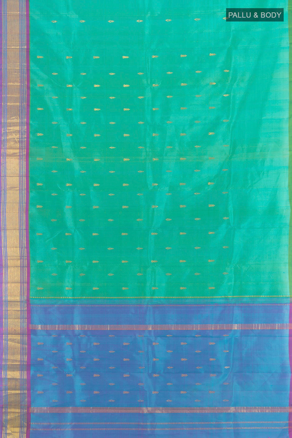 Flat view of Turquoise Kanjivaram Silk Saree with Zari Butta on the body and One Side Border. 