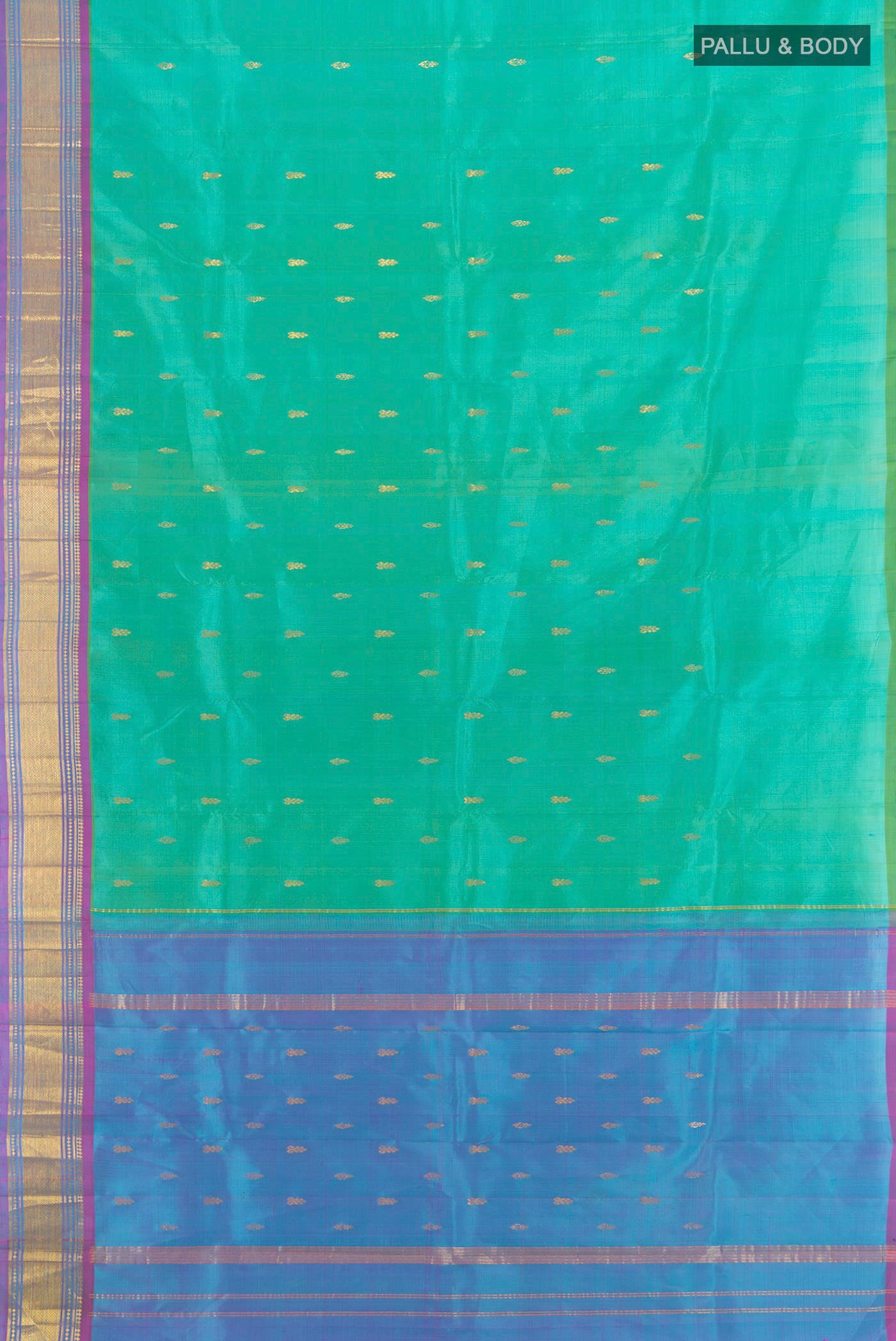 Flat view of Turquoise Kanjivaram Silk Saree with Zari Butta on the body and One Side Border. 