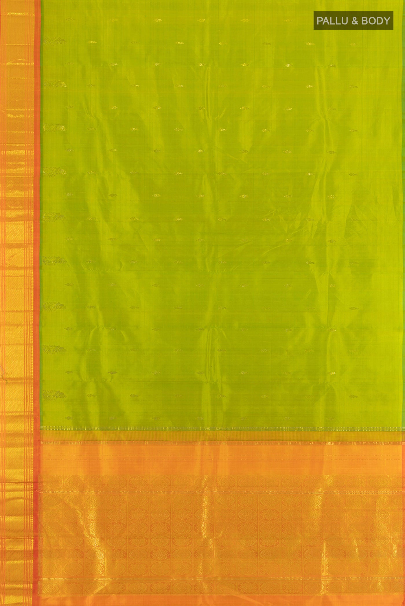 Flat view of Parrot Green Kanchipuram Silk Saree with Zari Butta on the body and One Side Border. 