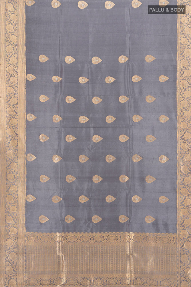 Flat view of Davys Grey Banarasi Katan Silk Saree with Zari Butta on the body and Silk Border. 