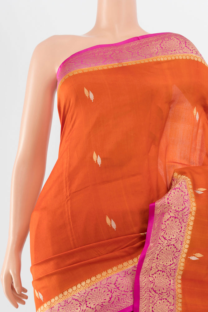 Border image of Brick Orange Banarasi Katan Silk Saree with Zari Brocade on the body and Silk Border. 