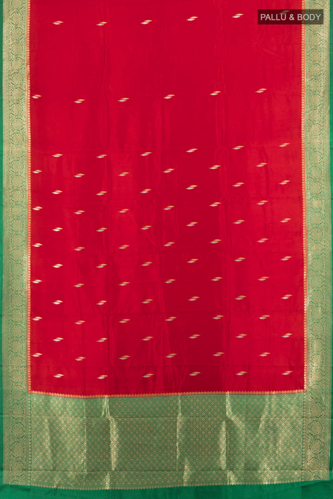 Flat view of Red Banarasi Katan Silk Saree with Zari Butta on the body and Silk Border. 
