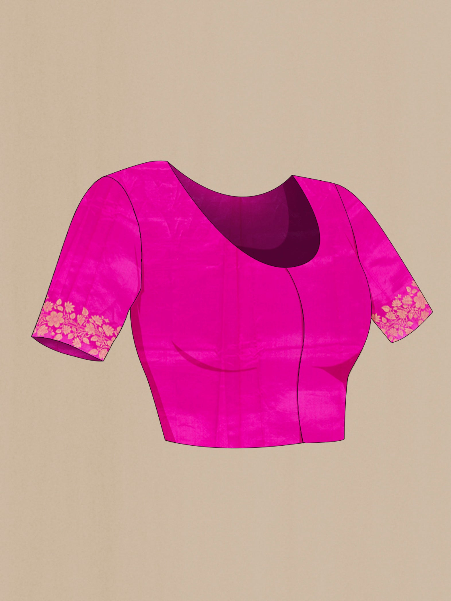 Close up image of the blouse of Rani Pink Banarasi Katan Silk Saree with Zari Butta on the body and Zari Border. 