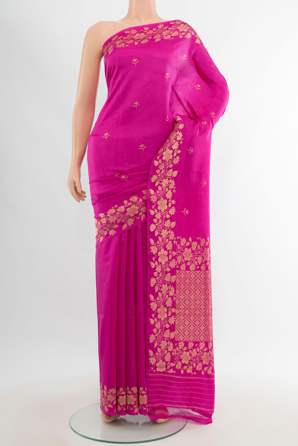 Rani Pink Banarasi Katan Silk Saree with Zari Butta on the body and Zari Border.  displayed on a mannequin