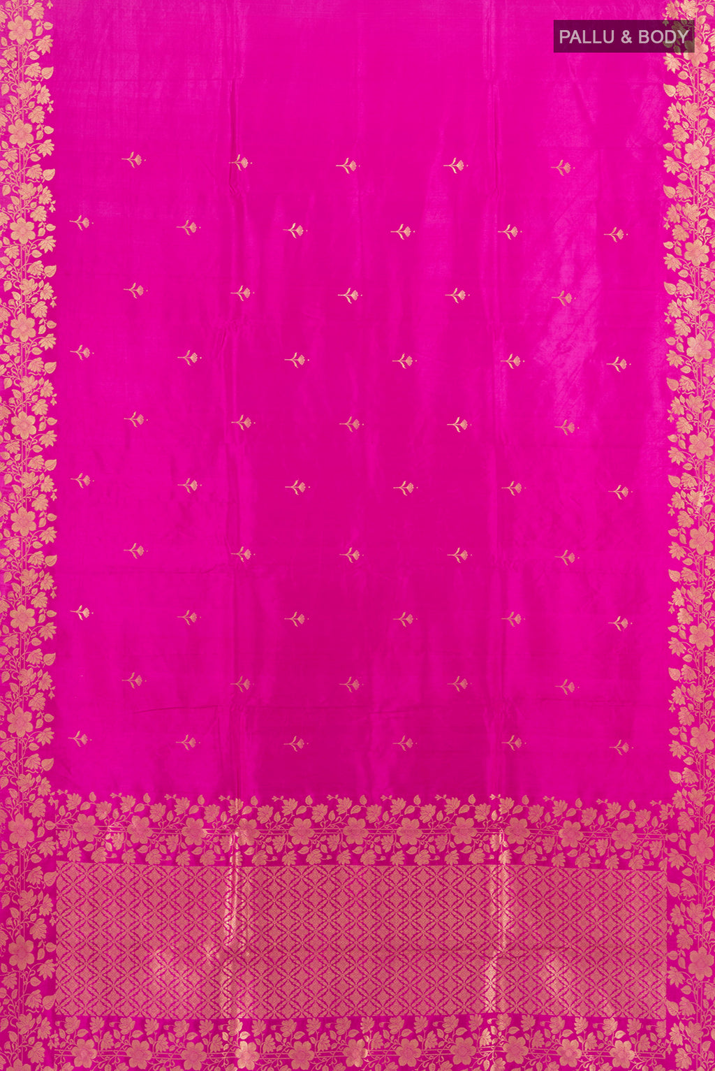 Flat view of Rani Pink Banarasi Katan Silk Saree with Zari Butta on the body and Zari Border. 