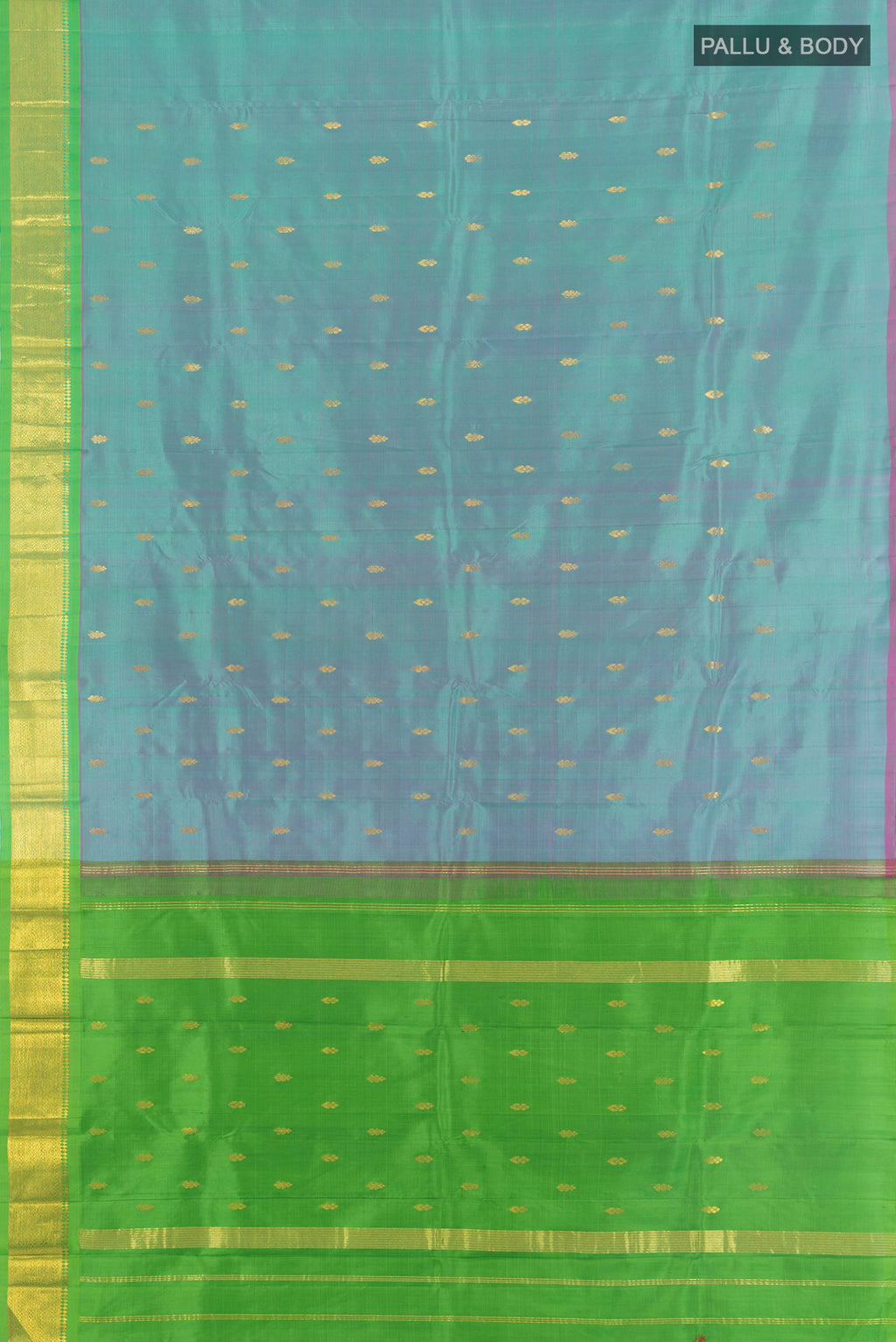 Flat view of Blue with Pink Color Kanjivaram Silk Saree with Zari Butta on the body and One Side Border. 