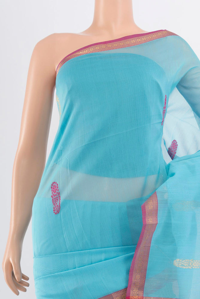 Border image of Sky Blue Maheshwari Silk Cotton Saree with Zari Butta on the body and Silk Border. 