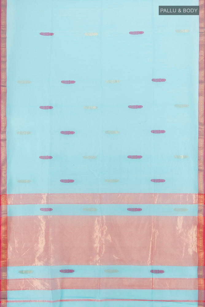 Flat view of Sky Blue Maheshwari Silk Cotton Saree with Zari Butta on the body and Silk Border. 