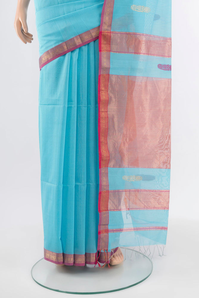 Pleats and pallu of Sky Blue Maheshwari Silk Cotton Saree with Zari Butta on the body and Silk Border. 