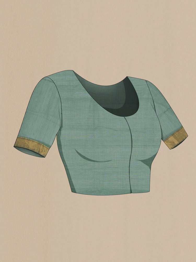Close up image of the blouse of Pure Silk Pure Zari Bottle Green Maheshwari Cotton Saree with Zari Butta on the body and Silk Border. 
