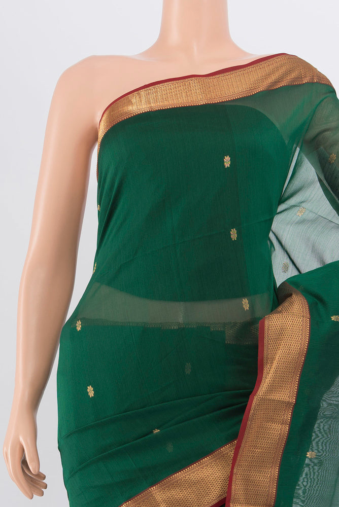 Border image of Bottle Green Maheshwari Silk Cotton Saree with Zari Butta on the body and Silk Border. 