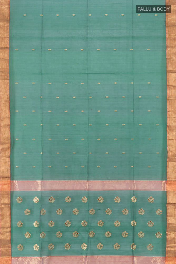 Flat view of Bottle Green Maheshwari Silk Cotton Saree with Zari Butta on the body and Silk Border. 