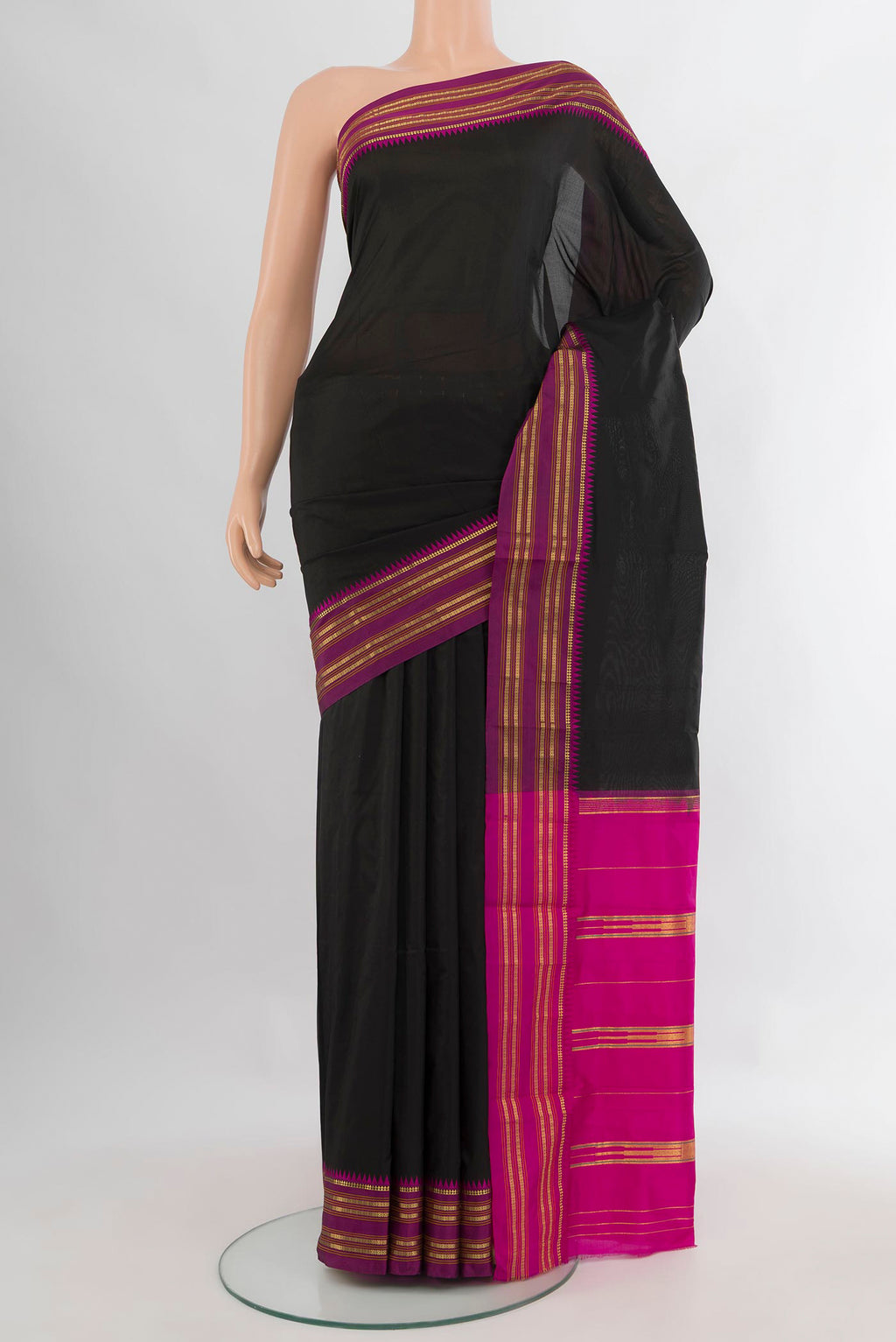 Pure Silk Black Narayanpet Saree with Plain Body and Zari Border.  displayed on a mannequin