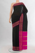 Pure Silk Black Narayanpet Saree with Plain Body and Zari Border.  displayed on a mannequin