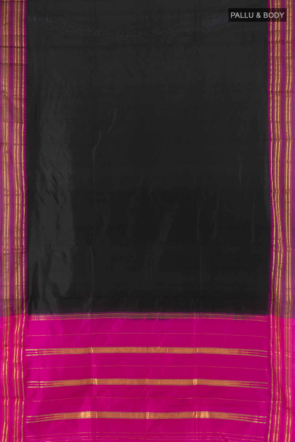 Flat view of Pure Silk Black Narayanpet Saree with Plain Body and Zari Border. 