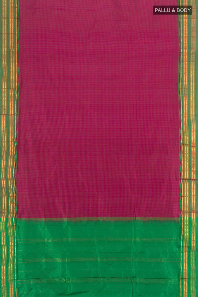 Flat view of Pure Silk Pure Zari Maroon Narayanpet Saree with Zari Butta on the body and Silk Border. 