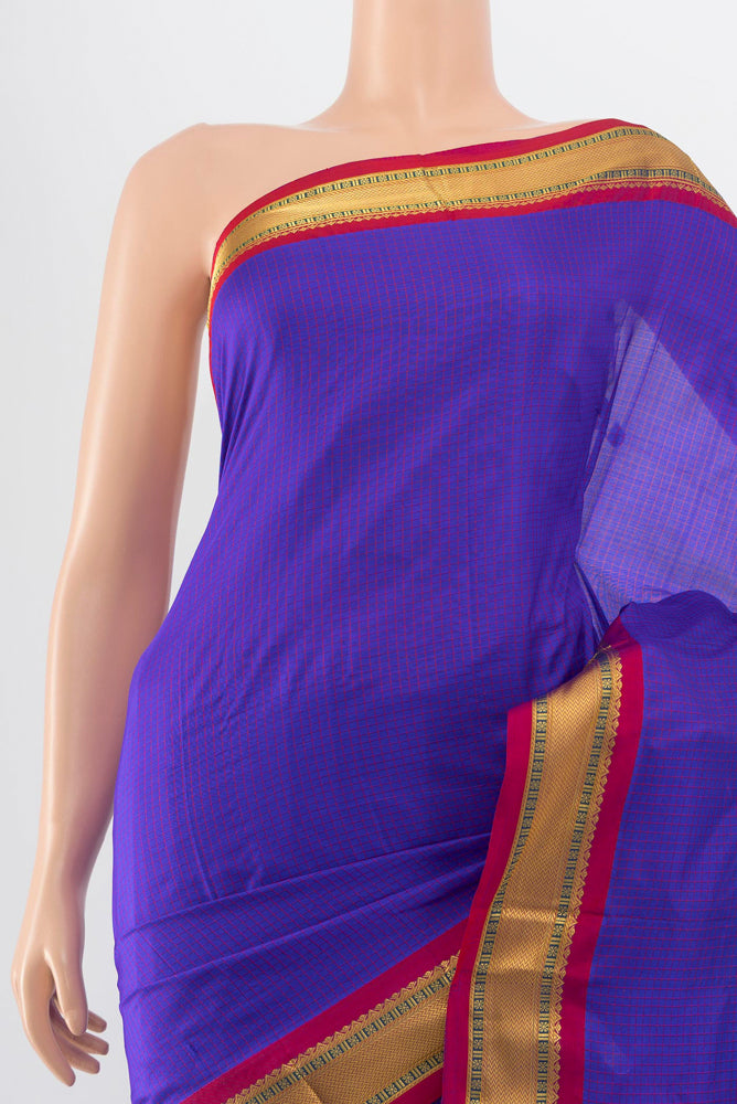 Border image of Dark Blue Narayanpet Silk Saree with Checked design on the body and Silk Border. 