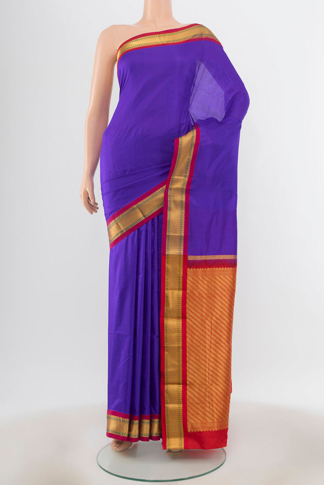 Dark Blue Narayanpet Silk Saree with Checked design on the body and Silk Border.  displayed on a mannequin