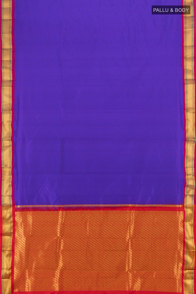 Flat view of Dark Blue Narayanpet Silk Saree with Checked design on the body and Silk Border. 
