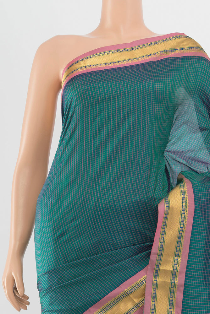 Border image of Peacock Blue Narayanpet Silk Saree with Zari Butta on the body and Silk Border. 