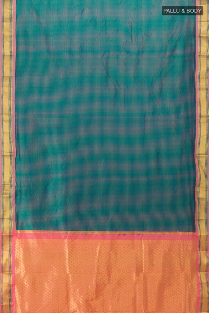 Flat view of Peacock Blue Narayanpet Silk Saree with Zari Butta on the body and Silk Border. 