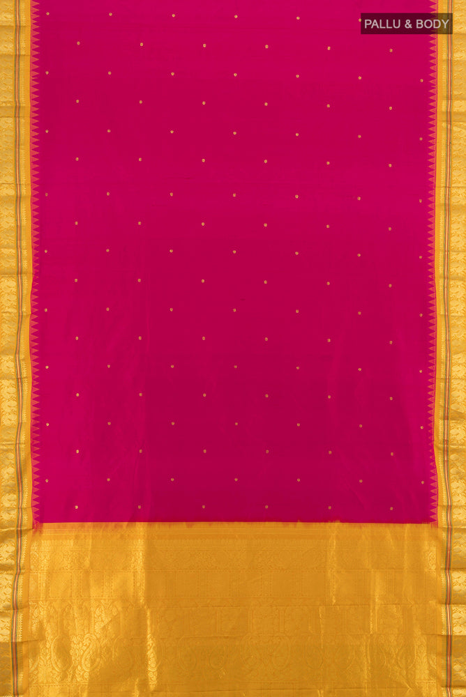 Flat view of Dark Pink Narayanpet Silk Saree with Zari Butta on the body and Silk Border. 