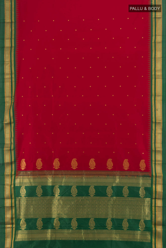 Flat view of Maroon Narayanpet Silk Saree with Zari Butta on the body and Silk Border. 