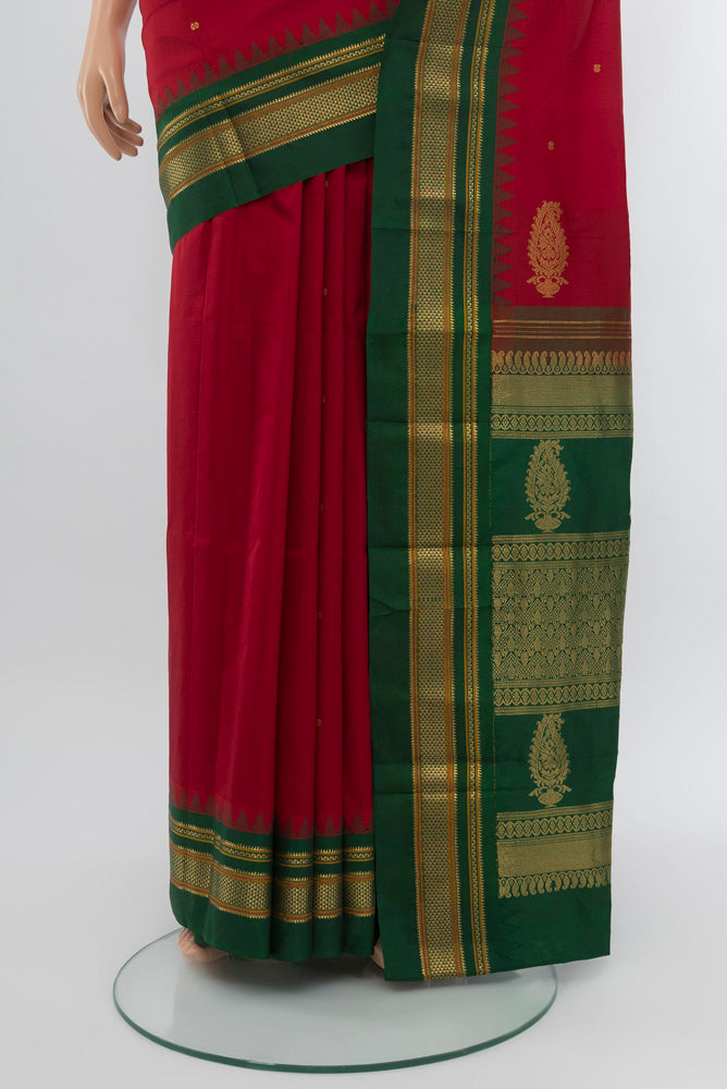Pleats and pallu of Maroon Narayanpet Silk Saree with Zari Butta on the body and Silk Border. 
