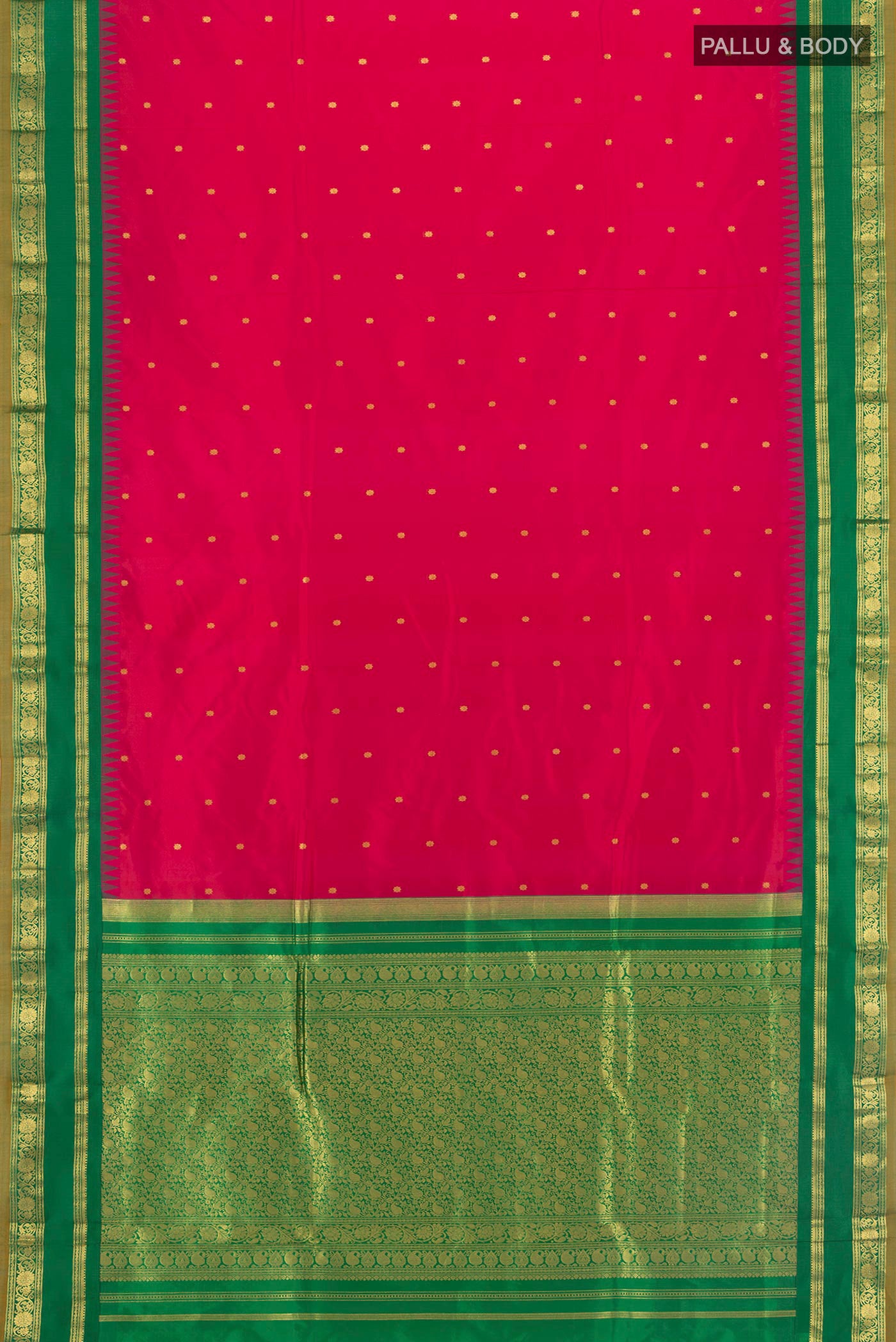 Flat view of Pink Bangalore Silk Saree with Zari Butta on the body and Zari Border. 